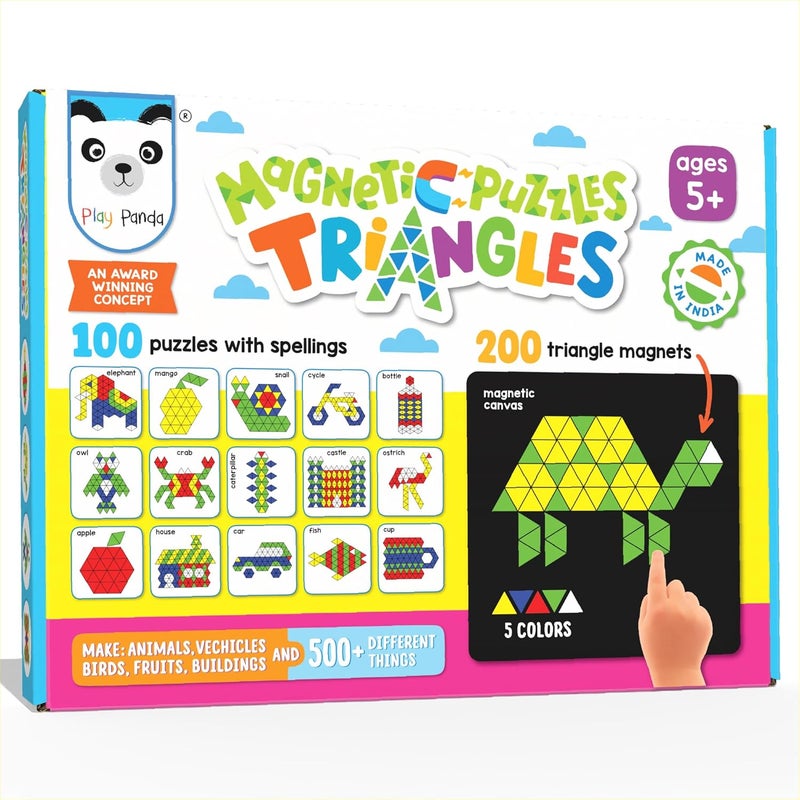 Play Panda Magnetic Puzzles: Triangles - 250 Colorful Magnets, 100 Puzzles, Magnetic Board & Display Stand - Image 1
